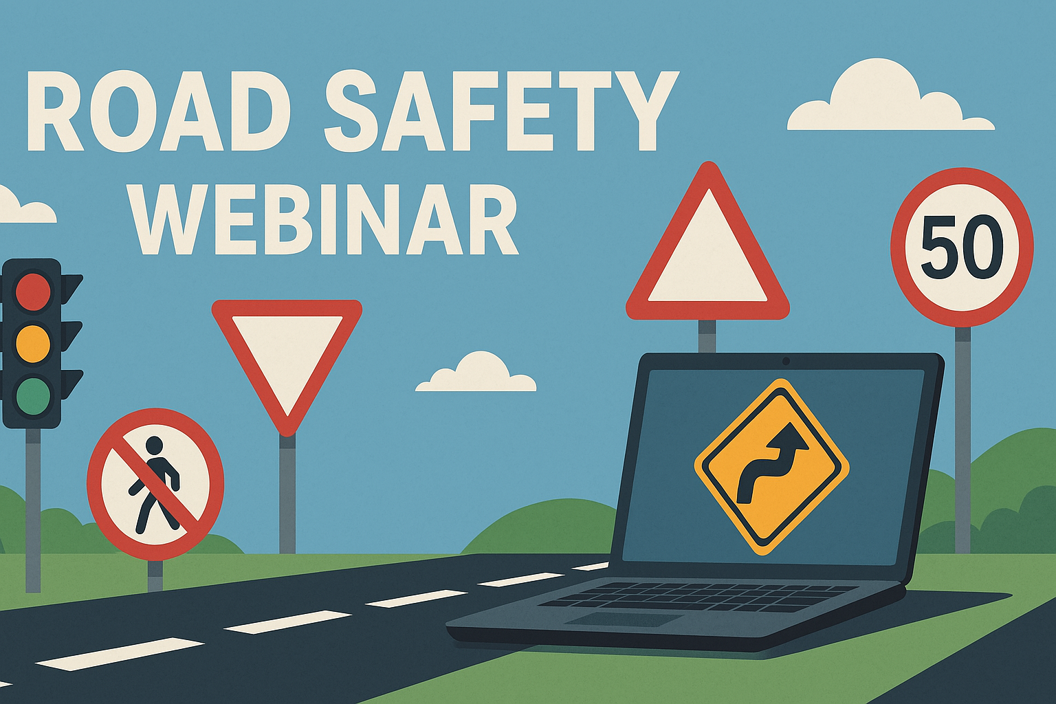 Immagine grafica con una strada, un laptop e della segnaletica stradale.